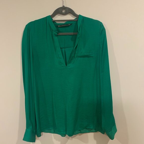 Green satin long sleeve top - Picture 1 of 3